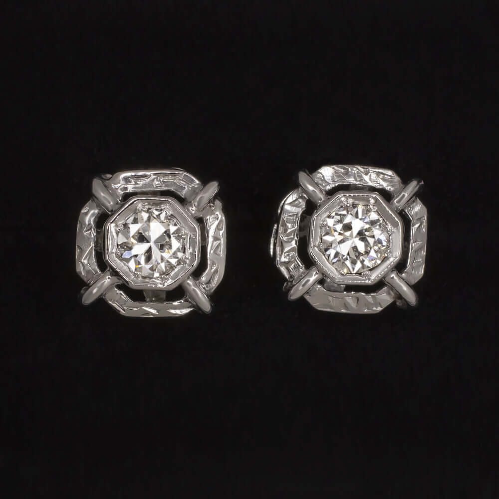 0.40ct OLD CUT DIAMOND STUD EARRINGS VINTAGE HANDMADE 14k WHITE GOLD NATURAL