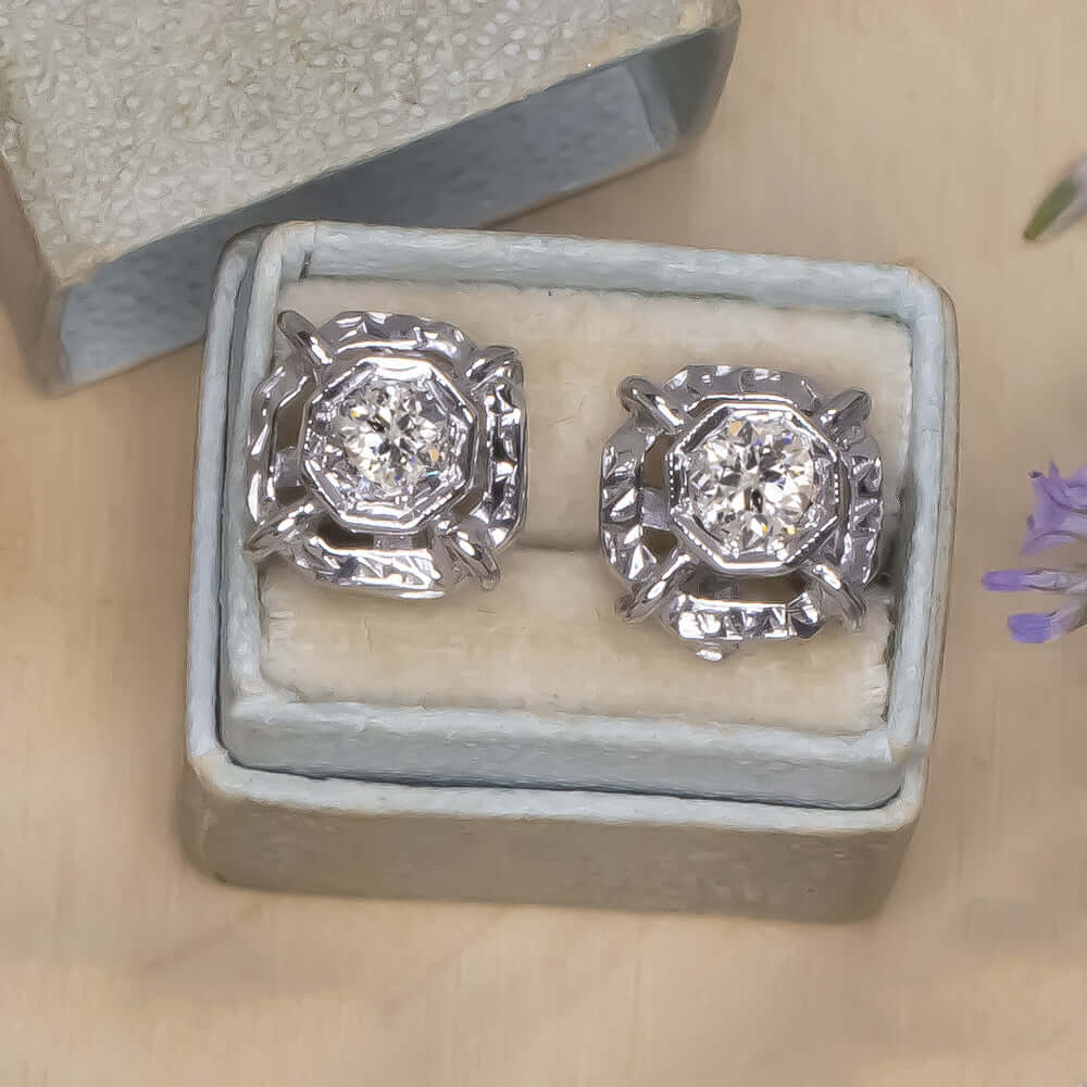 0.40ct OLD CUT DIAMOND STUD EARRINGS VINTAGE HANDMADE 14k WHITE GOLD NATURAL