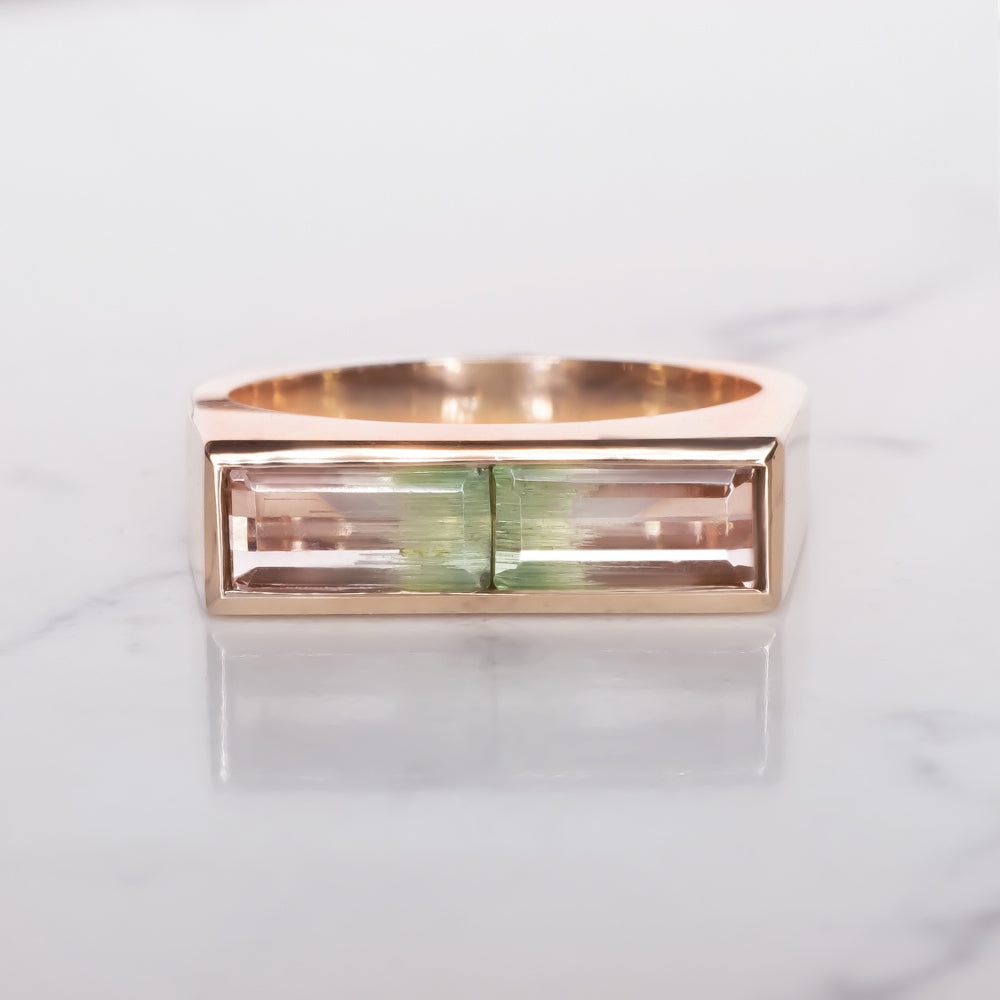 WATERMELON TOURMALINE EAST WEST RING 14k ROSE GOLD COCKTAIL NATURAL PINK GREEN