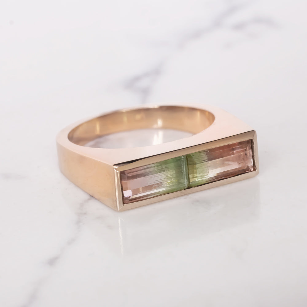 WATERMELON TOURMALINE EAST WEST RING 14k ROSE GOLD COCKTAIL NATURAL PINK GREEN