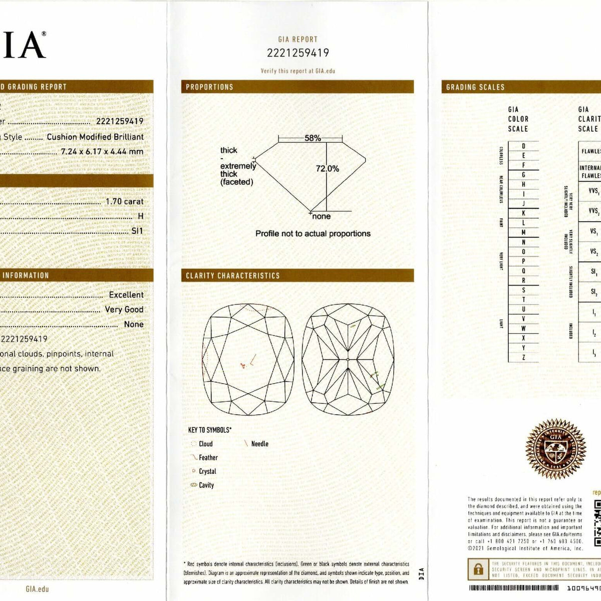 1.70ct GIA CERTIFIED CUSHION CUT DIAMOND H SI1 LOOSE NATURAL ENGAGEMENT 1.75ct