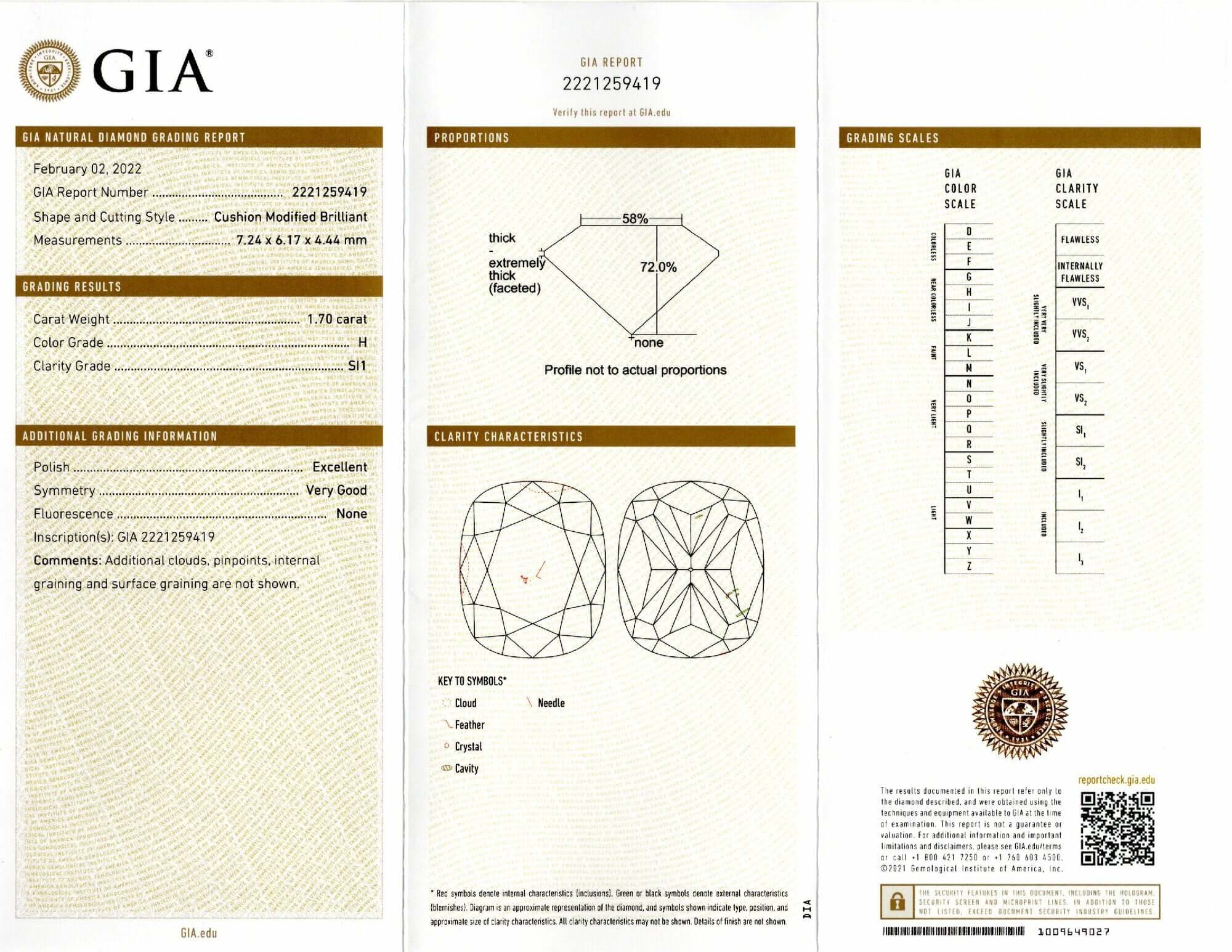 1.70ct GIA CERTIFIED CUSHION CUT DIAMOND H SI1 LOOSE NATURAL ENGAGEMENT 1.75ct