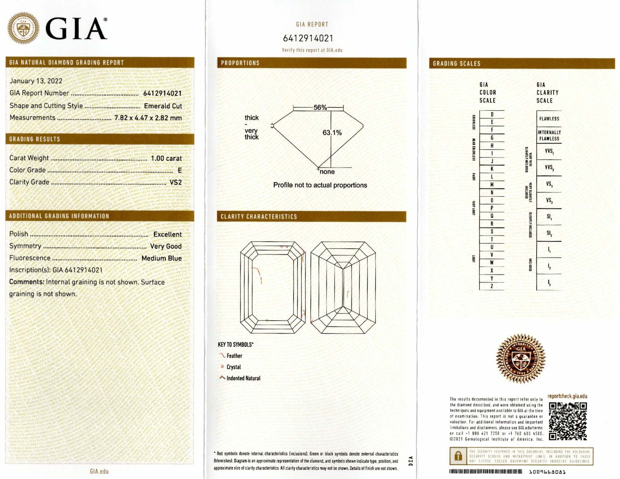 1 CARAT GIA CERTIFIED E VS2 EMERALD CUT DIAMOND LOOSE NATURAL ENGAGEMENT 1ct