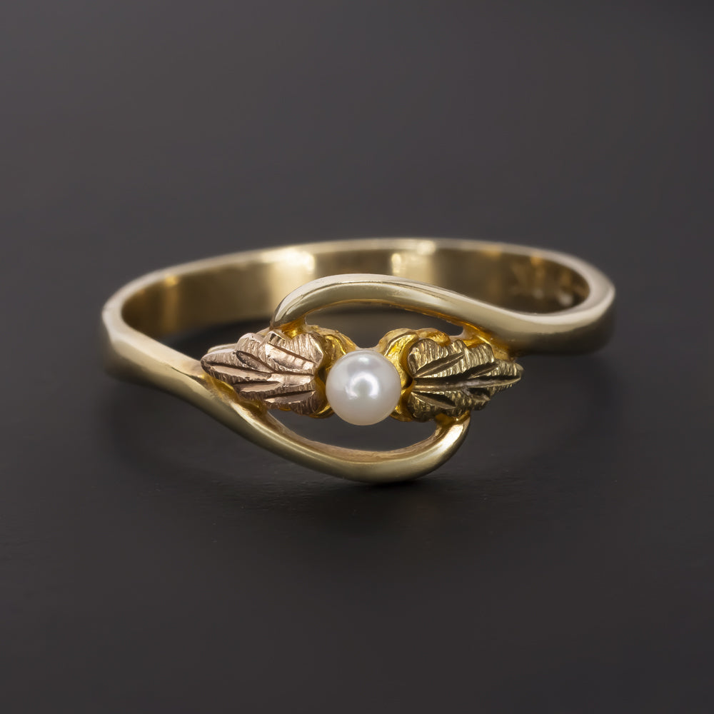 VINTAGE PEARL TRI-TONE GOLD RING LEAF BOTANICAL ESTATE BYPASS YELLOW ROSE GREEN