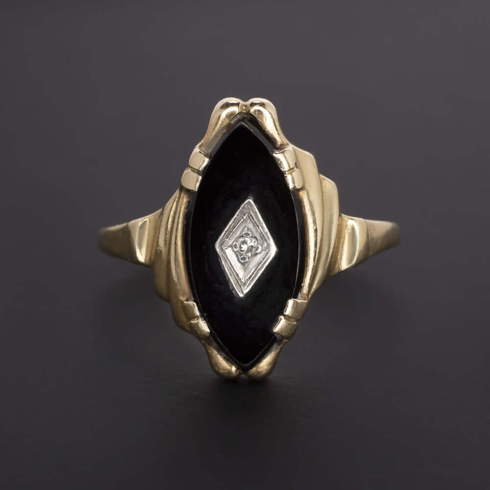 DIAMOND BLACK ONYX ART DECO RING MARQUISE YELLOW GOLD VINTAGE ESTATE COCKTAIL