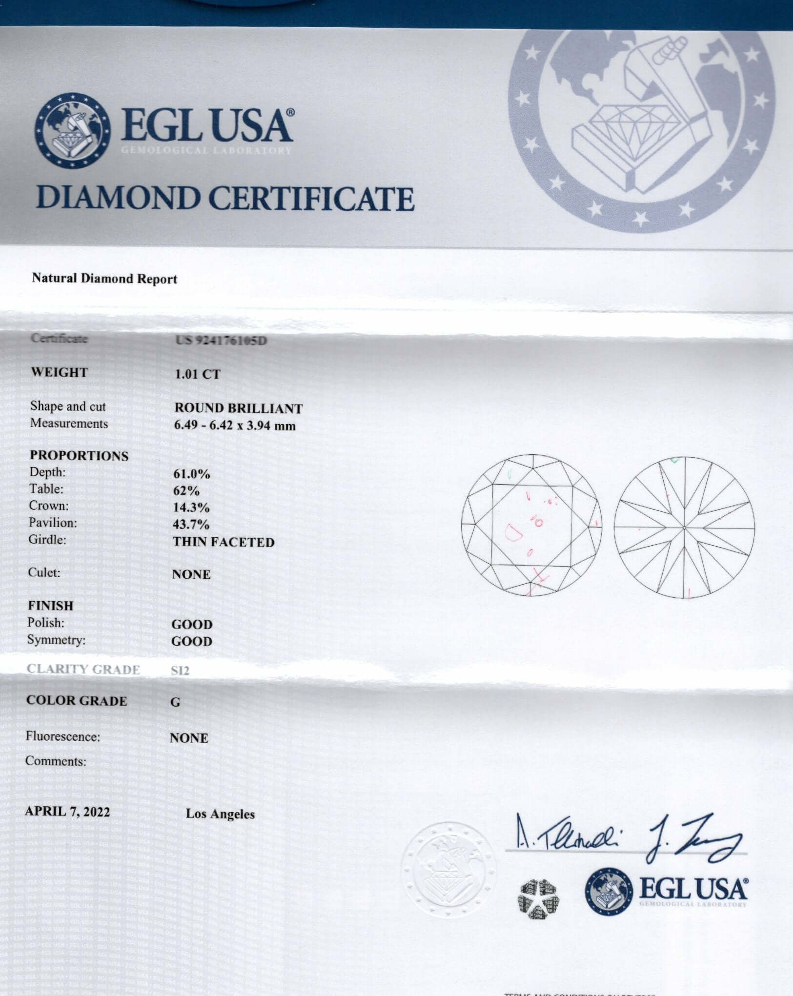 1 CARAT CERTIFIED G SI2 DIAMOND ROUND BRILLIANT CUT LOOSE NATURAL 1ct ENGAGEMENT