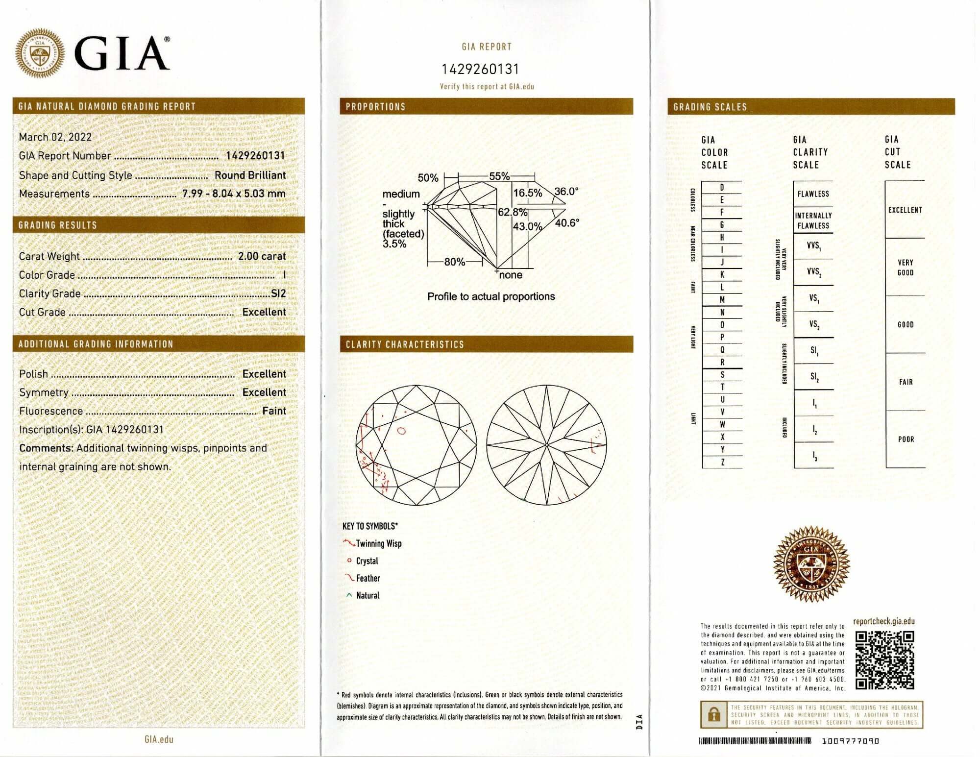 2 CARAT GIA CERTIFIED 3X EXCELLENT CUT DIAMOND IDEAL ROUND BRILLIANT I SI2 2ct
