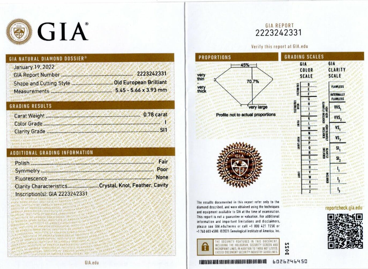 0.78ct GIA CERTIFIED I SI1 OLD EUROPEAN CUT DIAMOND VINTAGE LOOSE 1920s ESTATE