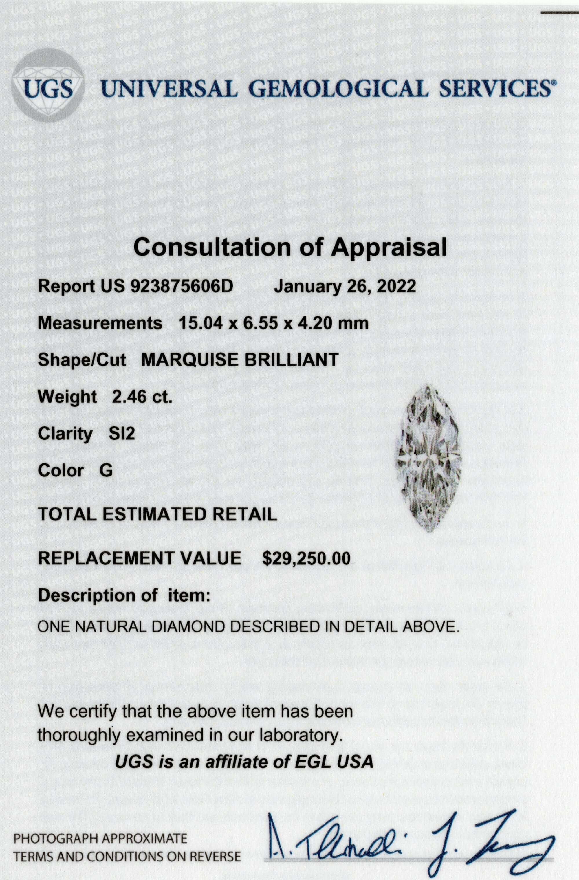 2.5 CARAT CERTIFIED G SI2 DIAMOND MARQUISE SHAPE CUT LOOSE NATURAL EARTH MINED