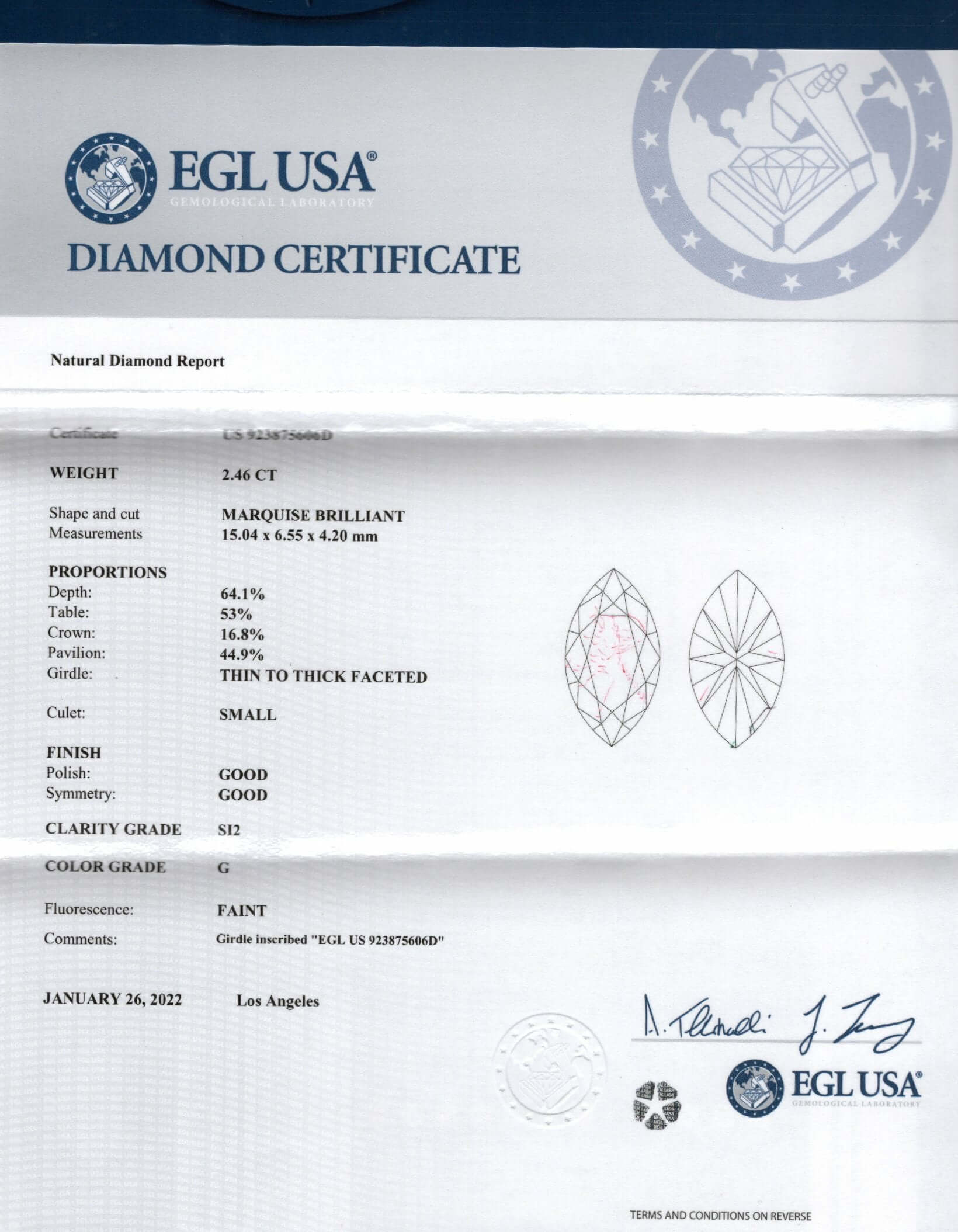 2.5 CARAT CERTIFIED G SI2 DIAMOND MARQUISE SHAPE CUT LOOSE NATURAL EARTH MINED