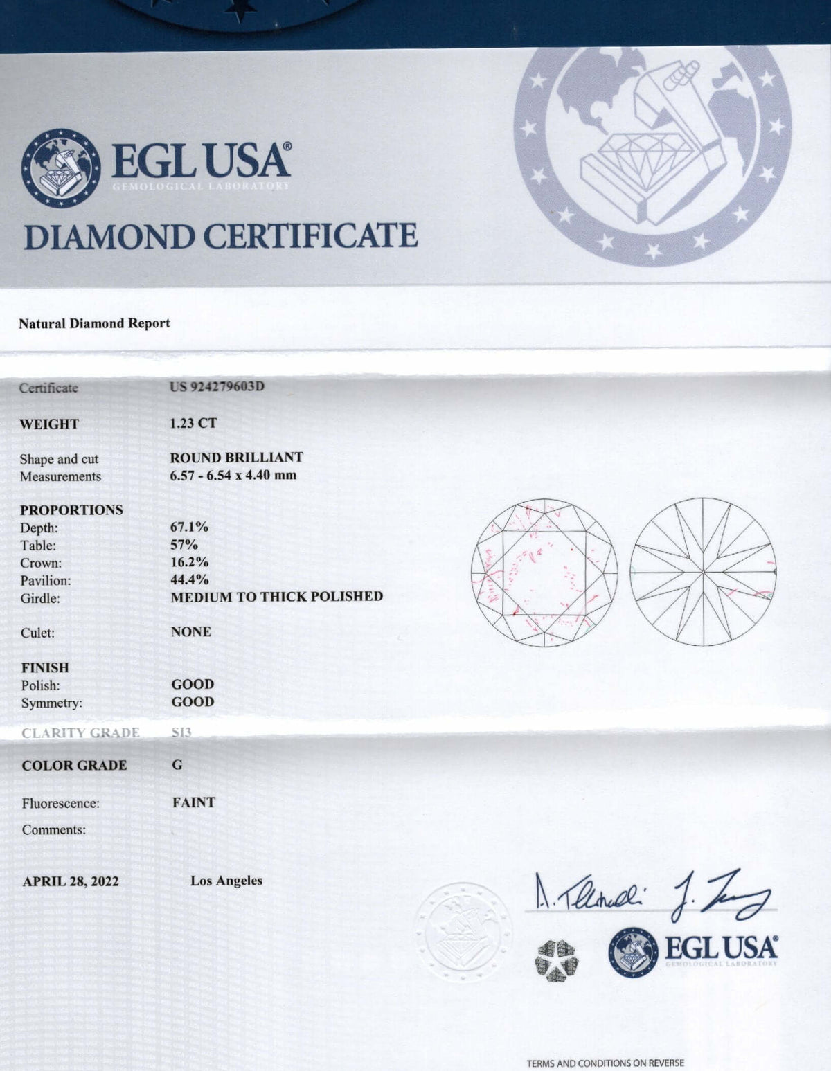 1.23c CERTIFIED G SI DIAMOND ROUND BRILLIANT CUT NATURAL LOOSE ENGAGEMENT 1.25ct