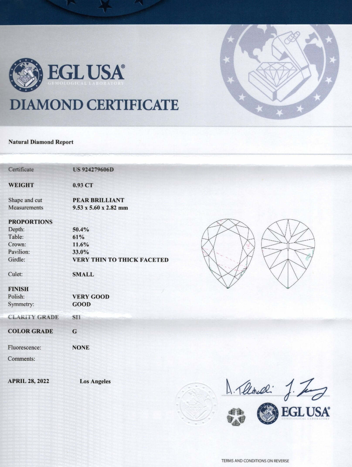 0.93ct CERTIFIED G SI1 VINTAGE PEAR SHAPE CUT DIAMOND ESTATE LOOSE NATURAL 1ct