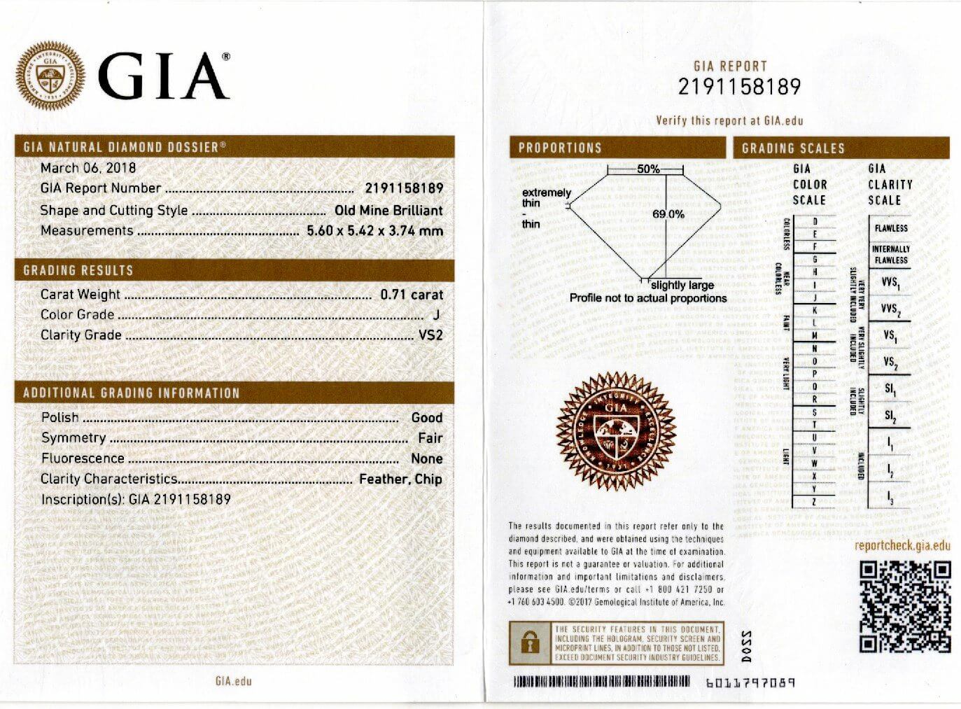 0.71ct GIA CERTIFIED J VS2 OLD MINE CUT DIAMOND 1900s ANTIQUE LOOSE ESTATE 3/4