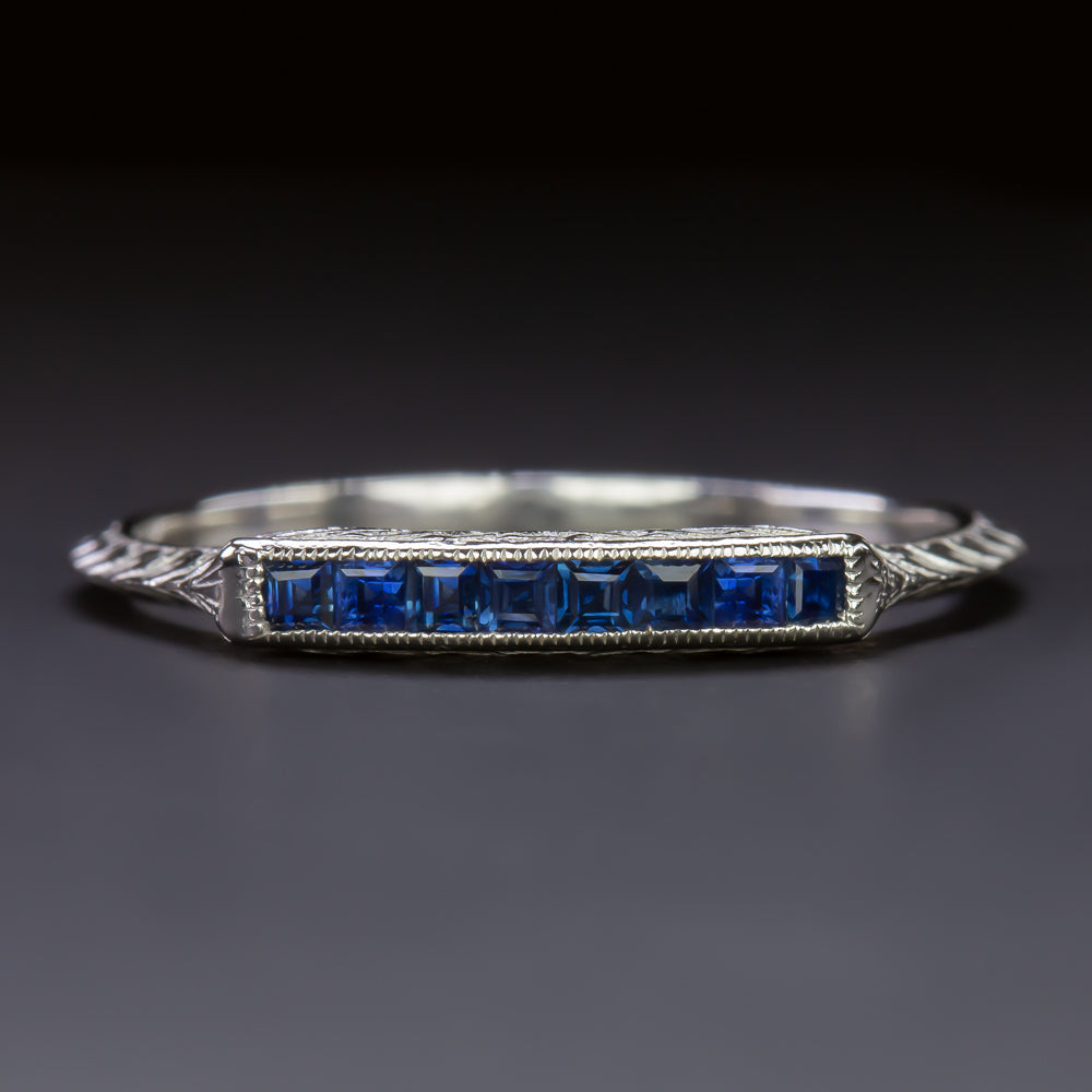 SAPPHIRE WHITE GOLD WEDDING BAND STACKING RING VINTAGE STYLE ART DECO ENGRAVING