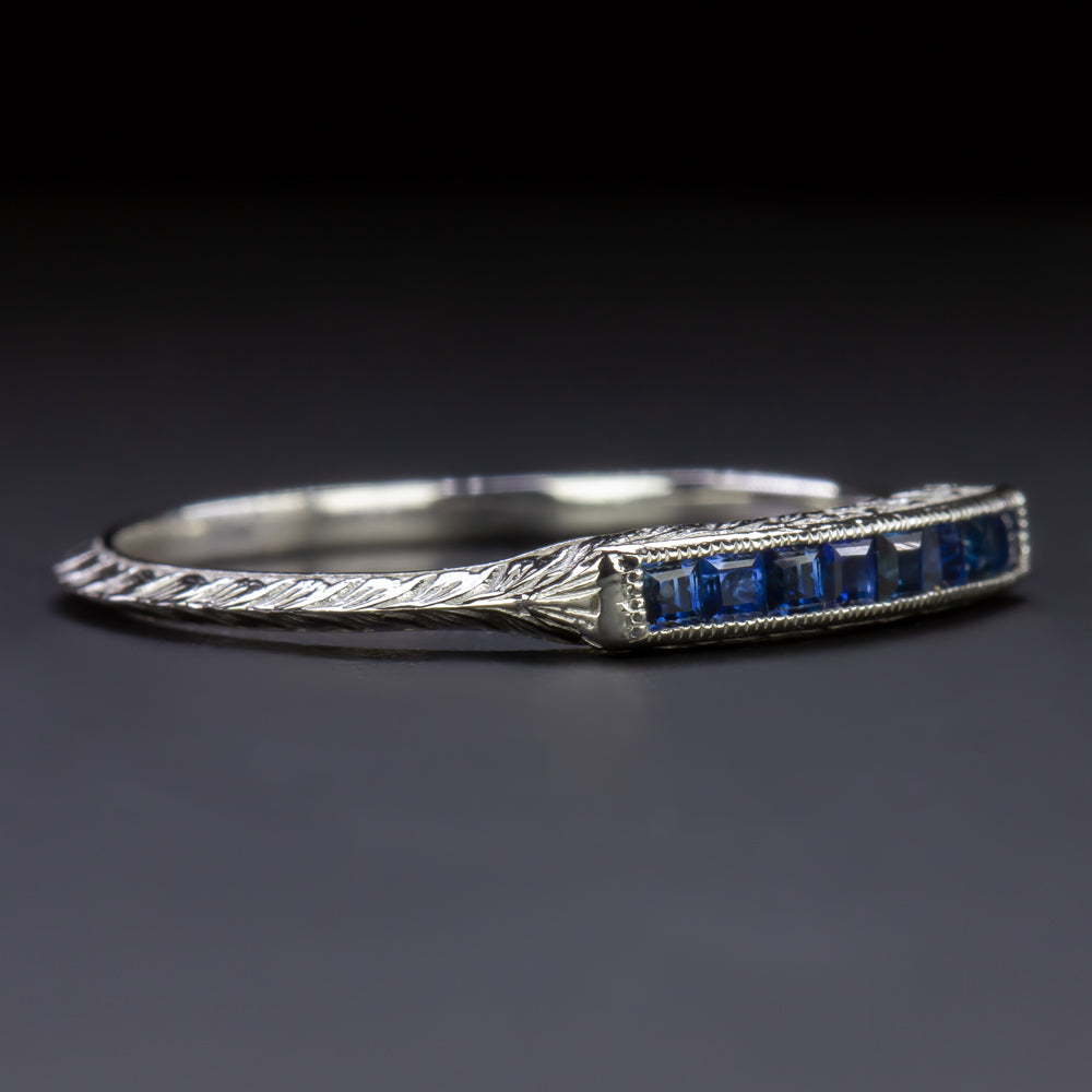 SAPPHIRE WHITE GOLD WEDDING BAND STACKING RING VINTAGE STYLE ART DECO ENGRAVING