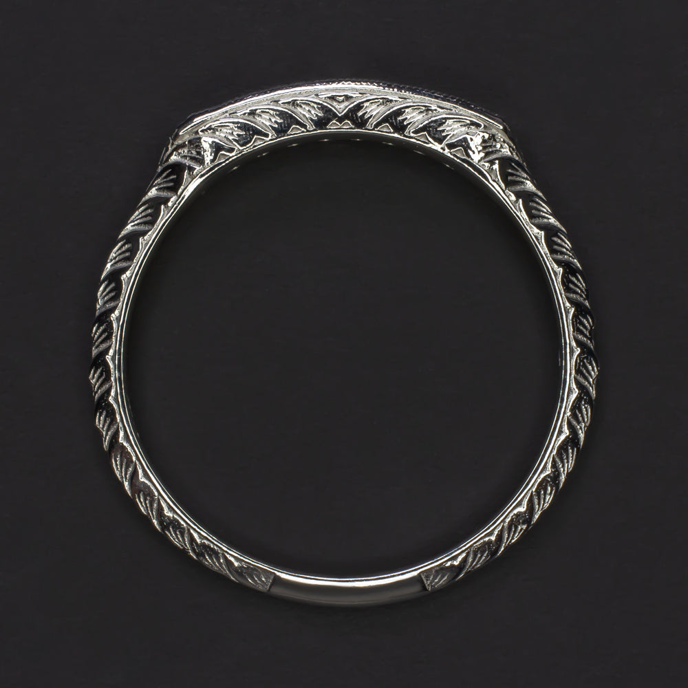SAPPHIRE WHITE GOLD WEDDING BAND STACKING RING VINTAGE STYLE ART DECO ENGRAVING