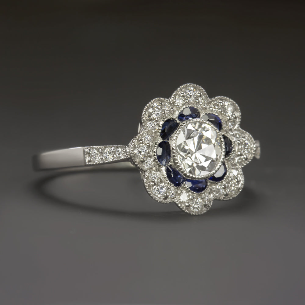 G-H VS1 OLD EUROPEAN CUT DIAMOND ENGAGEMENT RING SAPPHIRE VINTAGE STYLE HALO
