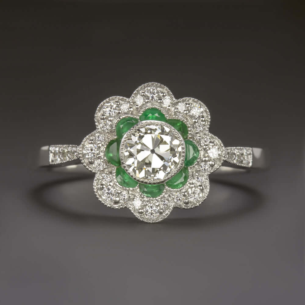 1/2ct J VS2 OLD EUROPEAN CUT DIAMOND ENGAGEMENT RING CALIBRE EMERALD HALO FLOWER
