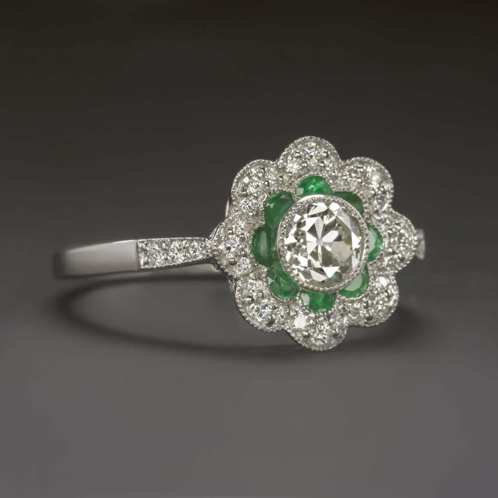 1/2ct J VS2 OLD EUROPEAN CUT DIAMOND ENGAGEMENT RING CALIBRE EMERALD HALO FLOWER