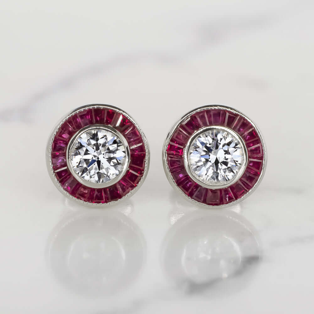 ART DECO STYLE E-F SI2 DIAMOND RUBY STUD EARRINGS ROUND CUT CALIBRE HALO TARGET