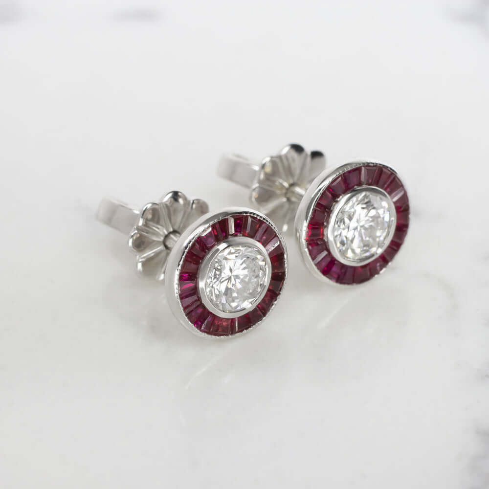 ART DECO STYLE E-F SI2 DIAMOND RUBY STUD EARRINGS ROUND CUT CALIBRE HALO TARGET