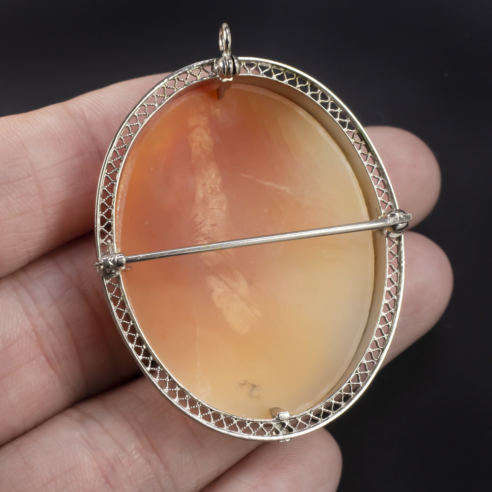 VINTAGE CAMEO PENDANT FILIGREE WHITE GOLD ANTIQUE BROOCH NECKLACE PIN ESTATE