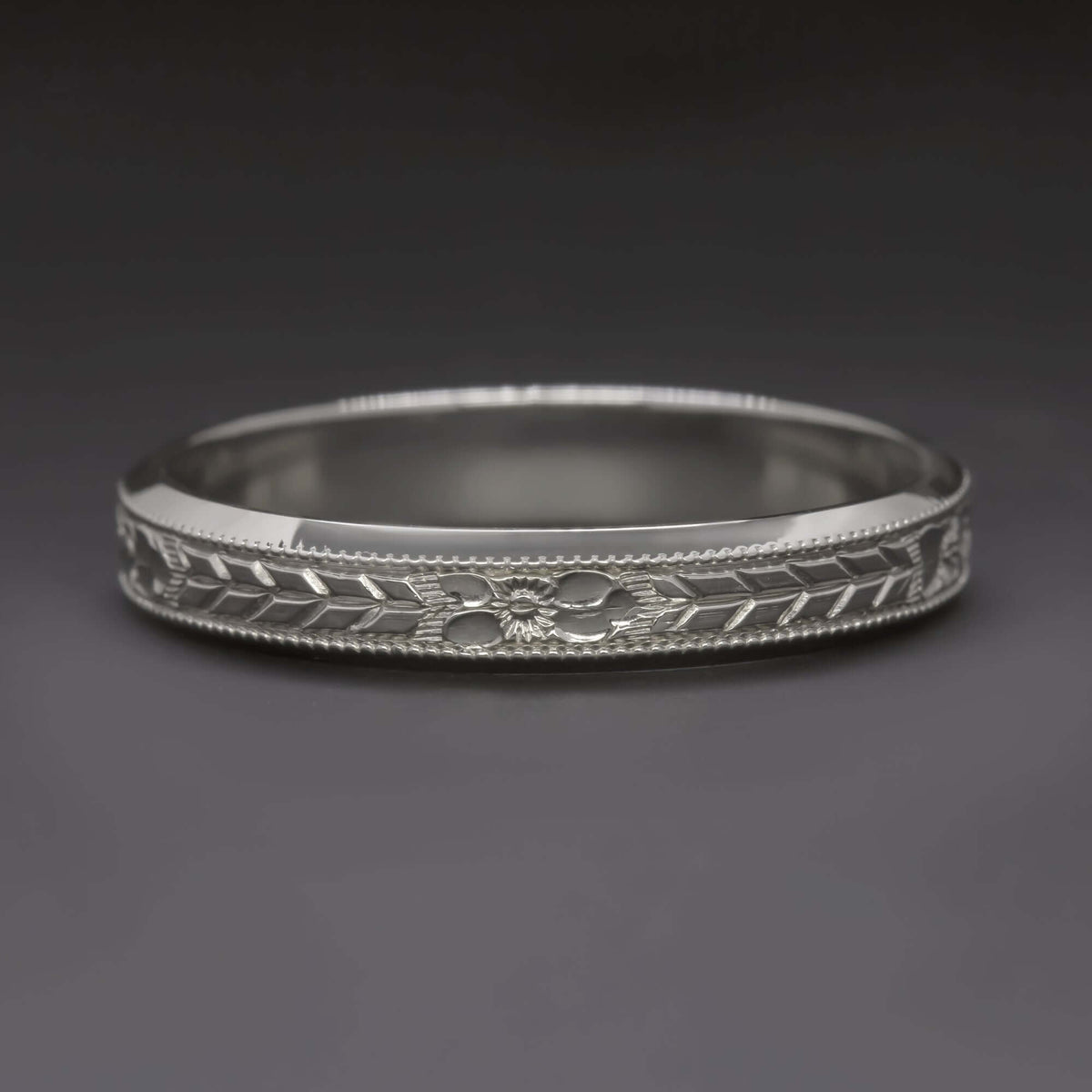 18 WHITE GOLD ETERNITY WEDDING RING BAND VINTAGE ORANGE BLOSSOM ENGRAVED CLASSIC