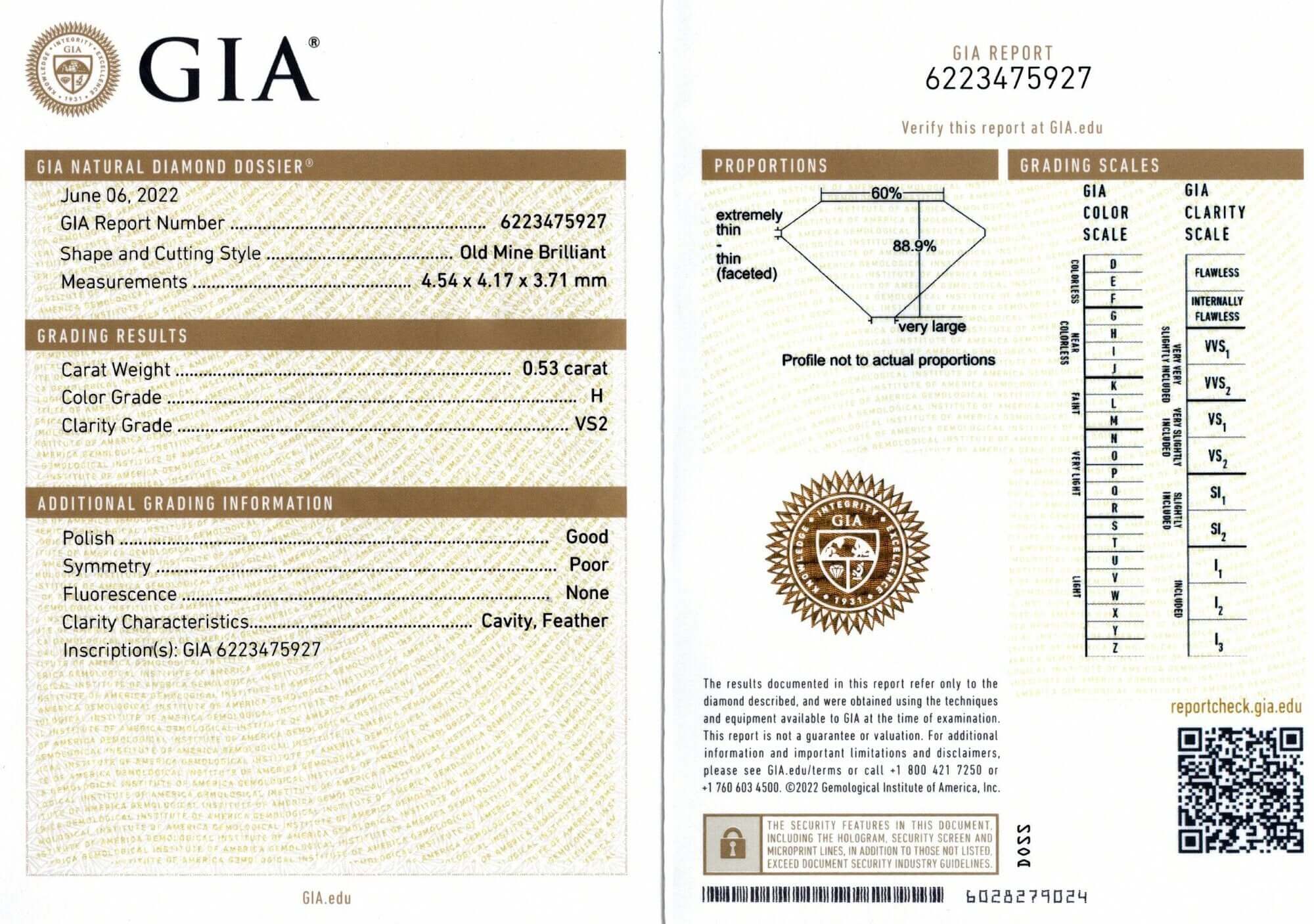 0.53ct GIA CERTIFIED H VS2 OLD MINE CUT DIAMOND ANTIQUE ESTATE LOOSE CUSHION