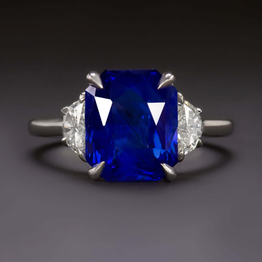 5.85ct GIA CERTIFIED SAPPHIRE DIAMOND RING RADIANT HALF MOON 3 STONE COCKTAIL