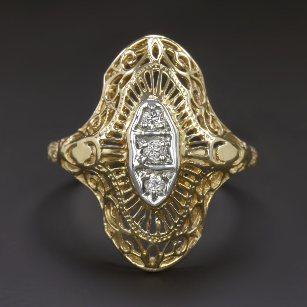 VINTAGE DIAMOND COCKTAIL RING ART DECO FILIGREE YELLOW TWO TONE GOLD NAVETTE