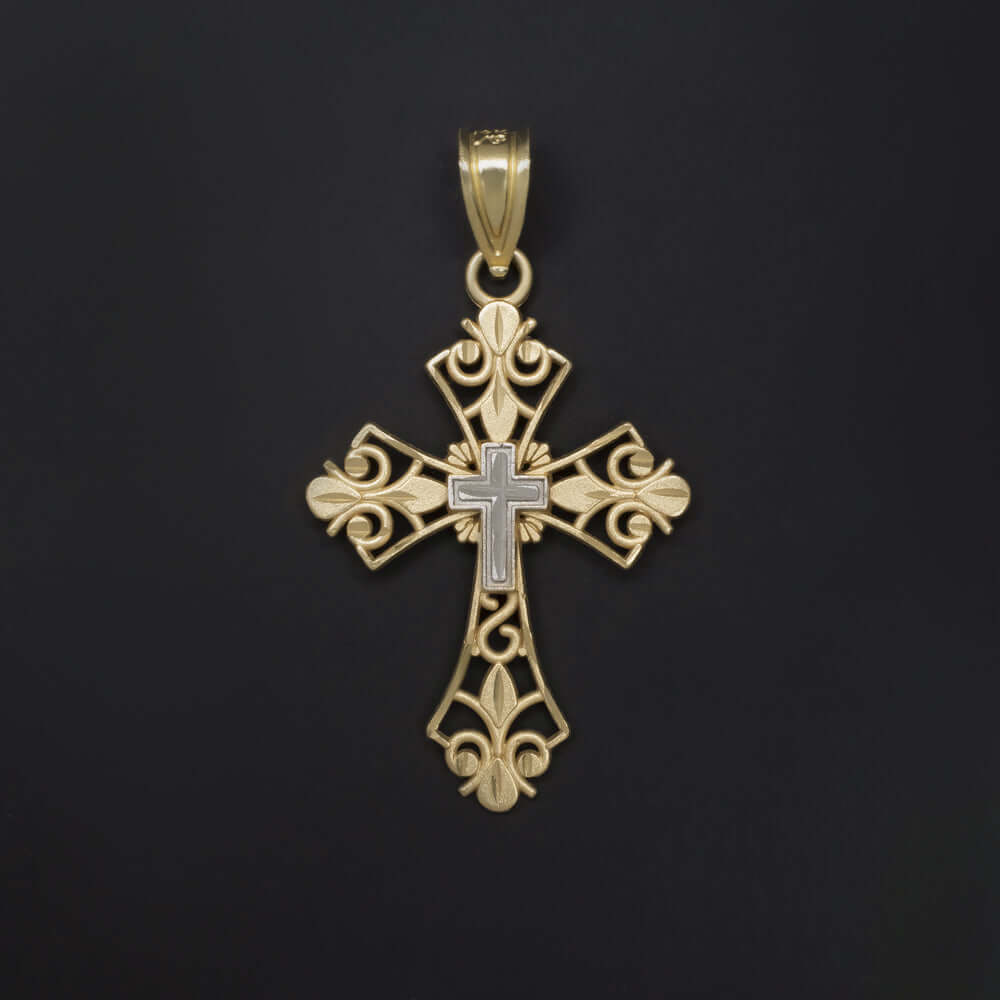 14k TWO TONE YELLOW WHITE GOLD CROSS PENDANT NECKLACE CHRISTIAN CONFIRMATION