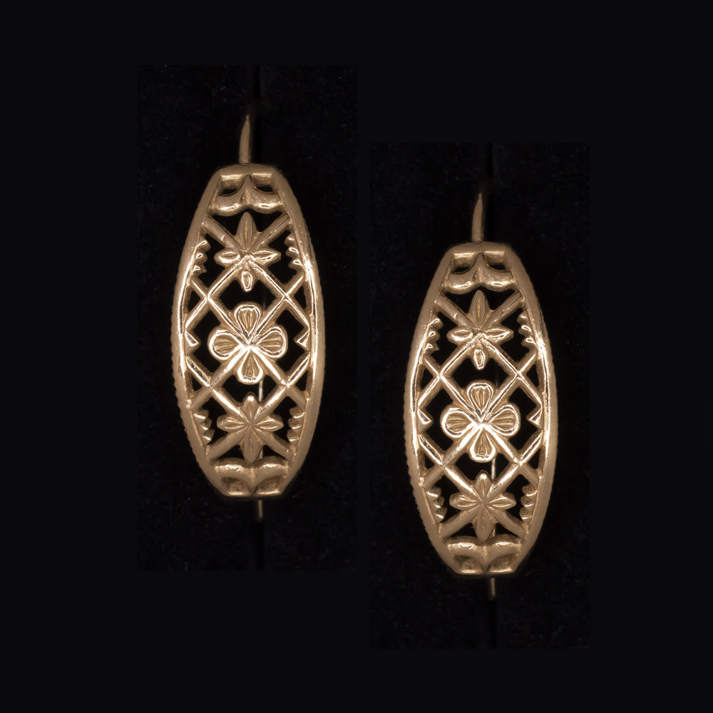 VINTAGE SOVIET EARRINGS 14K ROSE GOLD FLORAL HUGGIE HOOP DROP ESTATE HANDMADE