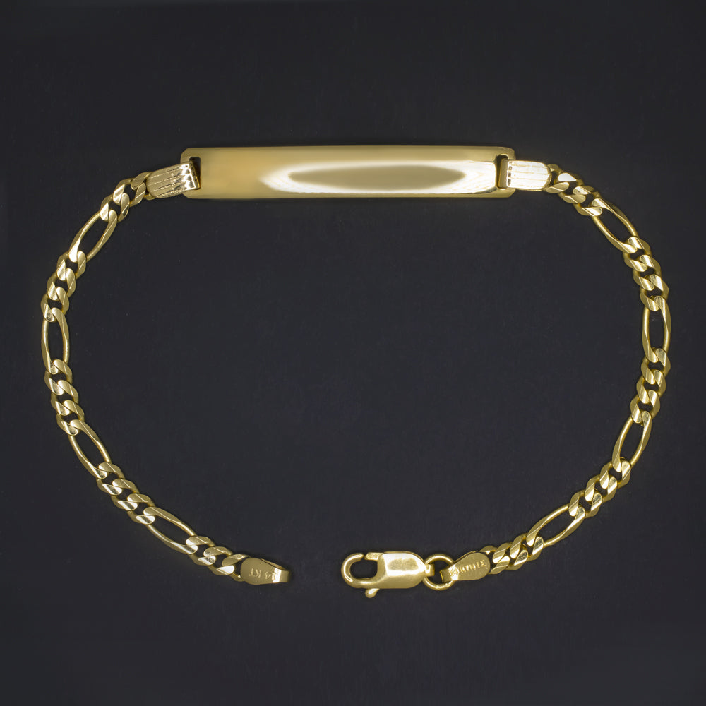 SOLID 14k YELLOW GOLD ENGRAVEABLE ID BRACELET FIGARO CHAIN PERSONALIZEABLE NAME