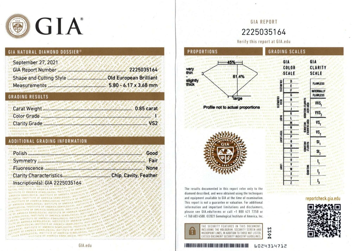 0.85c GIA CERTIFIED I VS2 OLD EUROPEAN CUT DIAMOND VINTAGE ANTIQUE LOOSE NATURAL