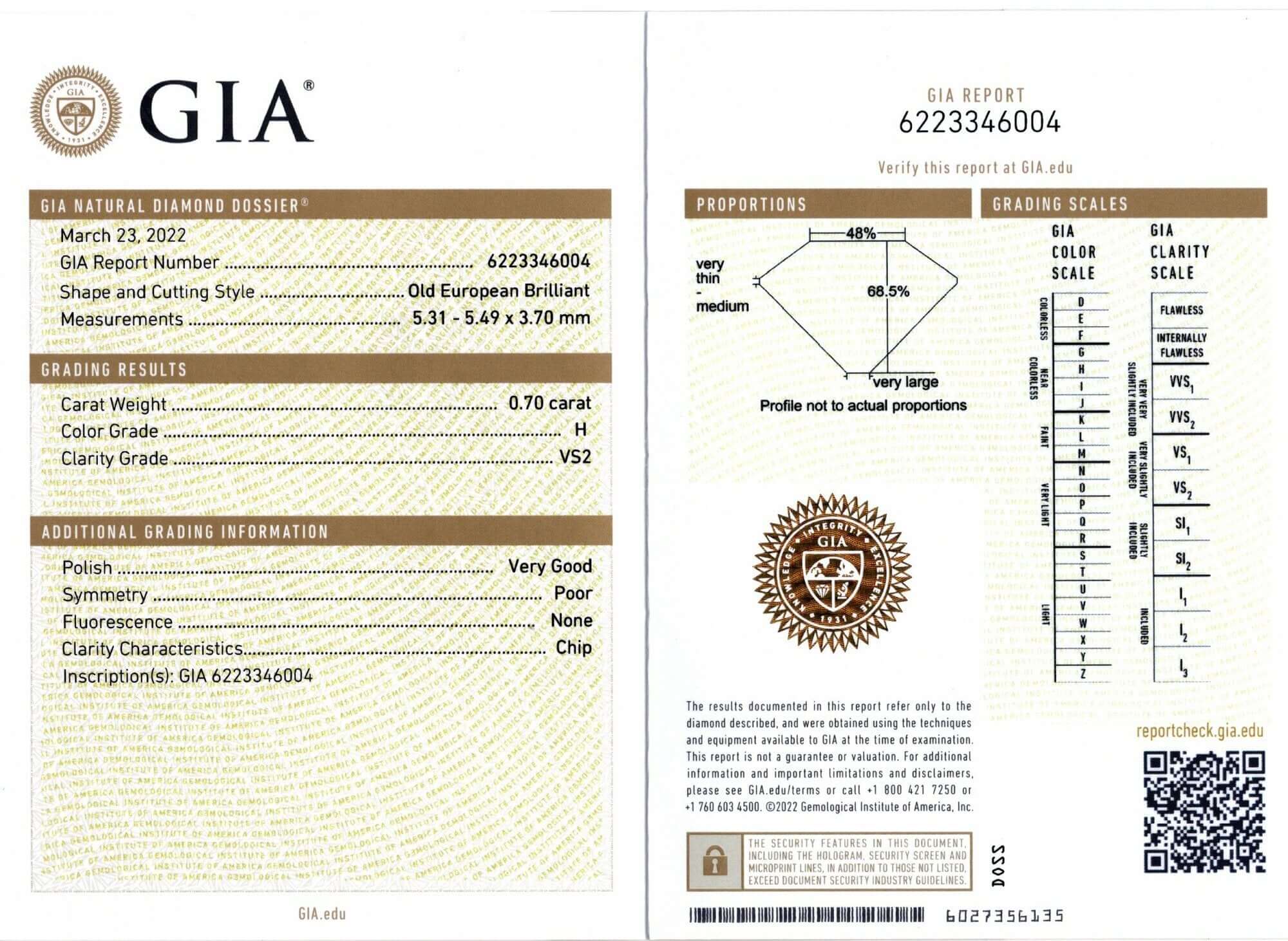 0.70ct GIA CERTIFIED H VS2 OLD EUROPEAN CUT DIAMOND LOOSE VINTAGE ENGAGEMENT