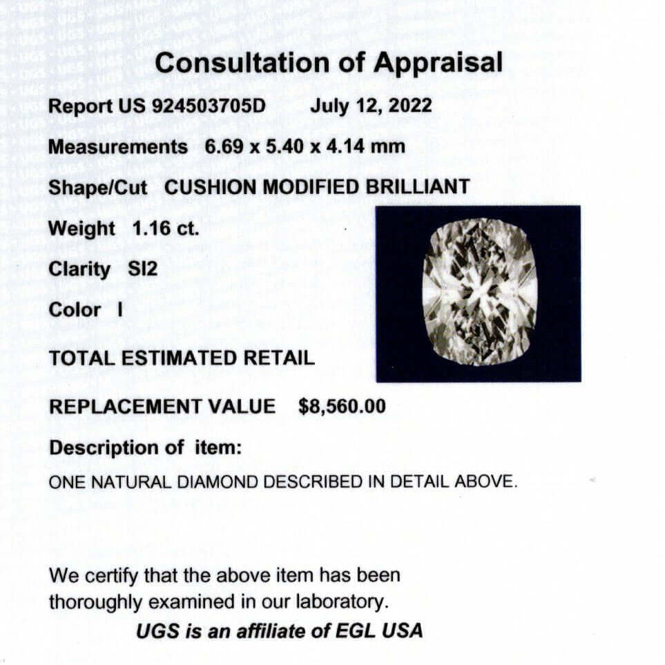 1.16ct CERTIFIED I SI2 CUSHION BRILLIANT CUT DIAMOND ELONGATED NATURAL LOOSE