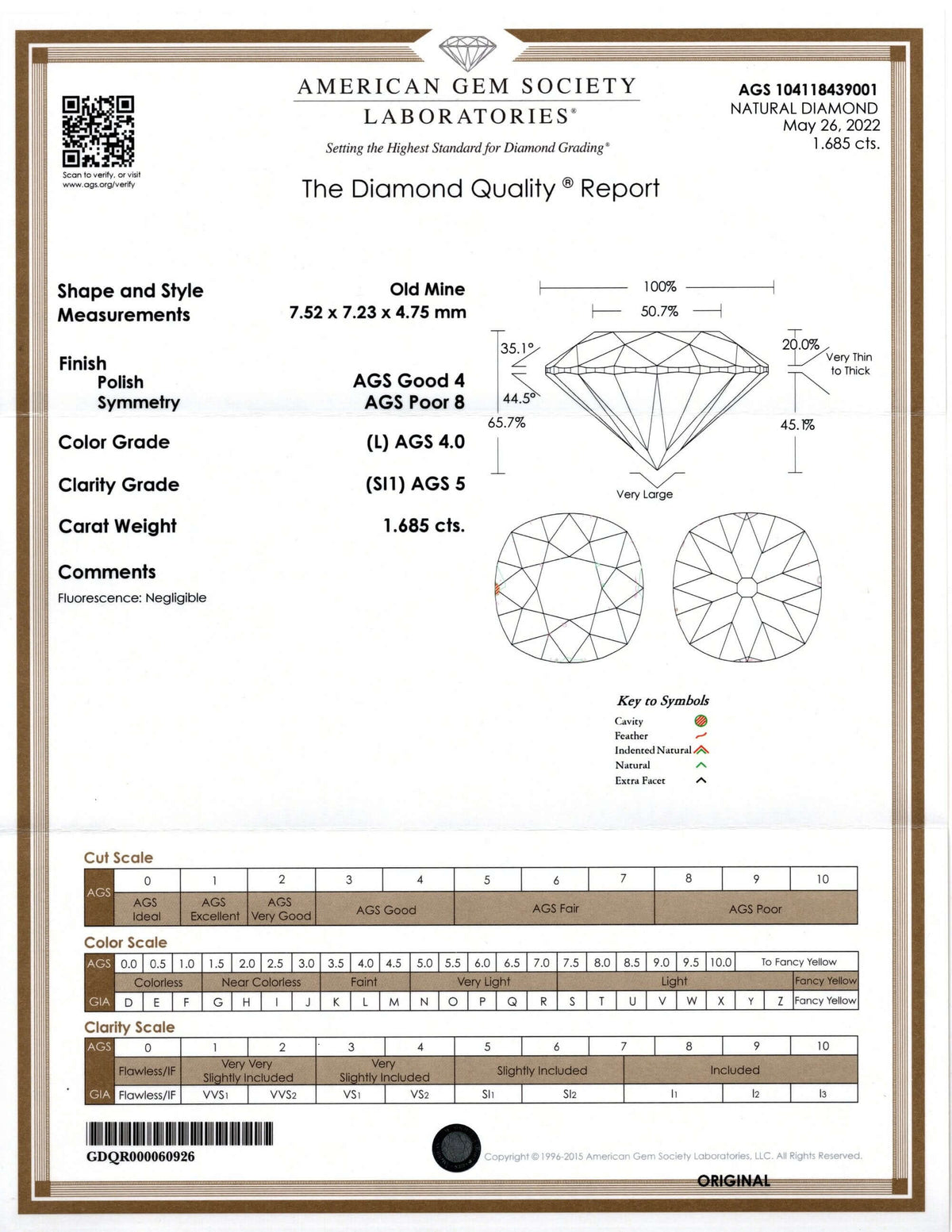 1.68ct CERTIFIED L SI1 OLD MINE CUT DIAMOND ANTIQUE VINTAGE CUSHION ESTATE LOOSE