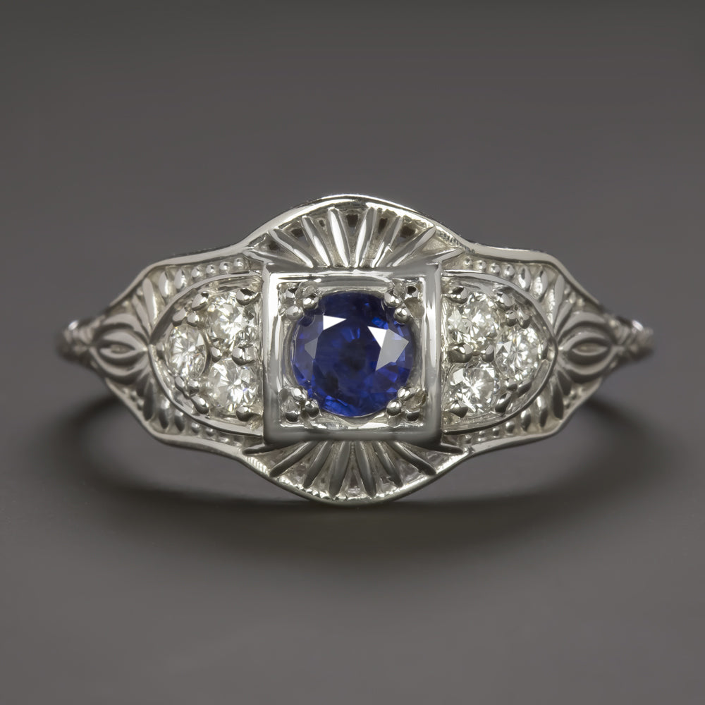 SAPPHIRE DIAMOND RING VINTAGE STYLE COCKTAIL FILIGREE 14k WHITE GOLD BLUE
