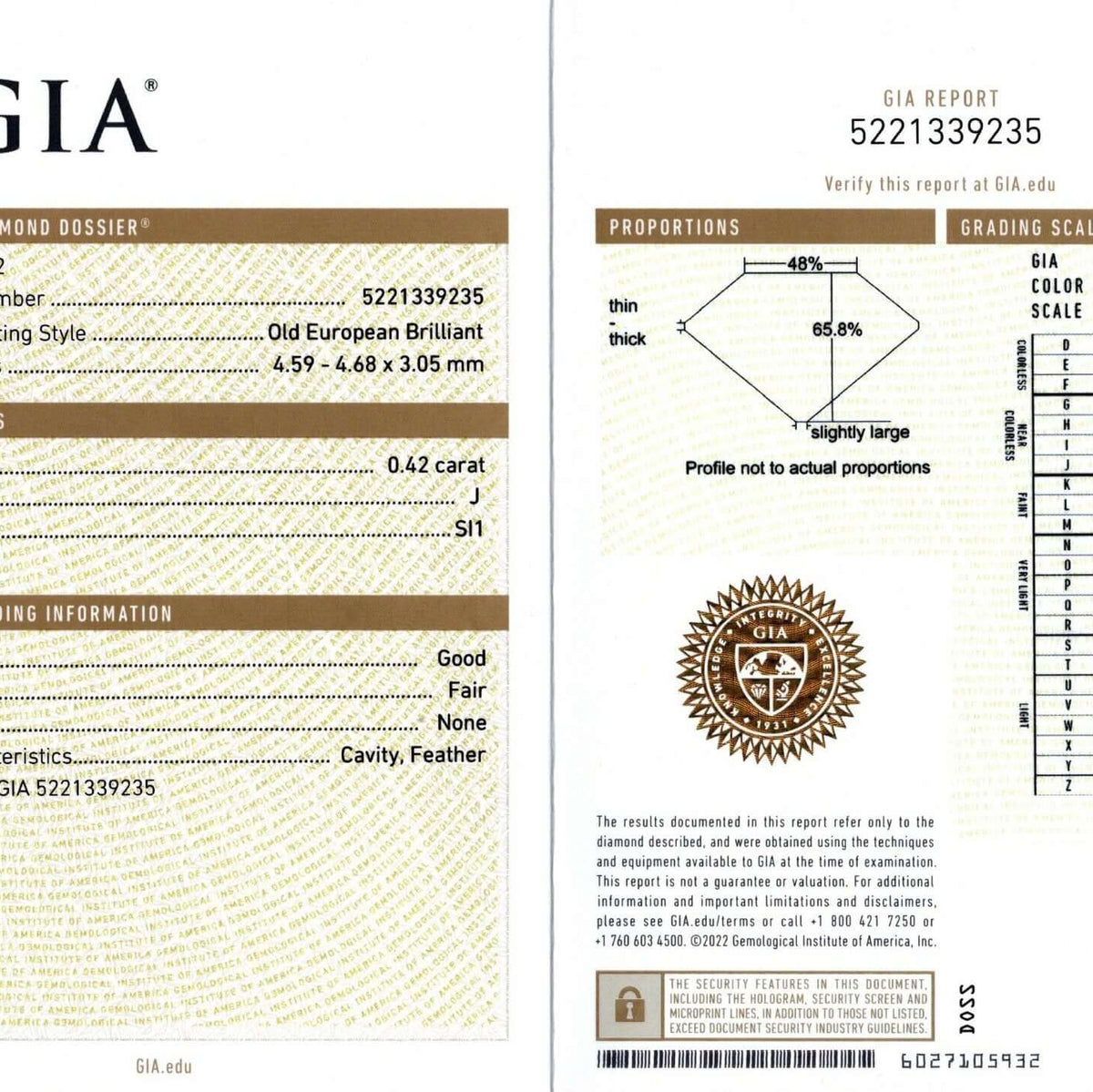 0.42c GIA CERTIFIED J SI1 OLD EUROPEAN CUT DIAMOND VINTAGE LOOSE NATURAL ESTATE