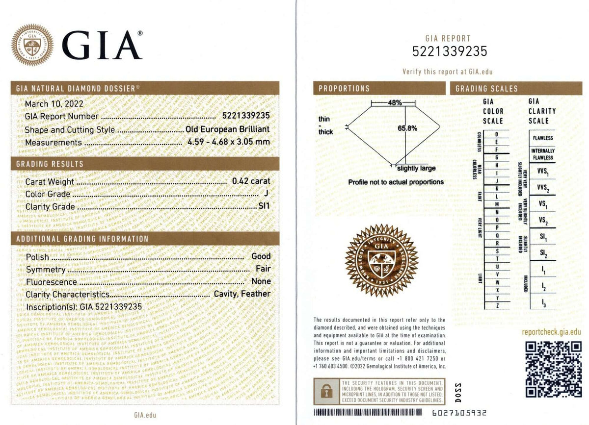 0.42c GIA CERTIFIED J SI1 OLD EUROPEAN CUT DIAMOND VINTAGE LOOSE NATURAL ESTATE