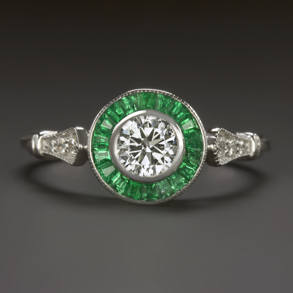 ROUND CUT DIAMOND EMERALD ENGAGEMENT RING ART DECO VINTAGE STYLE TARGET HALO