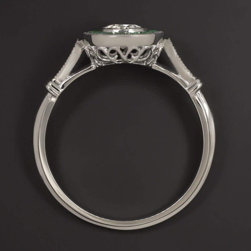 ROUND CUT DIAMOND EMERALD ENGAGEMENT RING ART DECO VINTAGE STYLE TARGET HALO