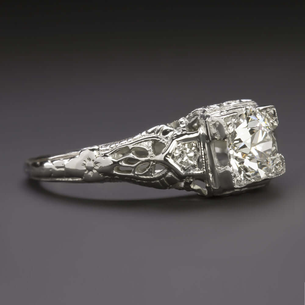 0.64ct OLD EUROPEAN CUT DIAMOND VINTAGE ENGAGEMENT RING 18k WHITE GOLD 1920s