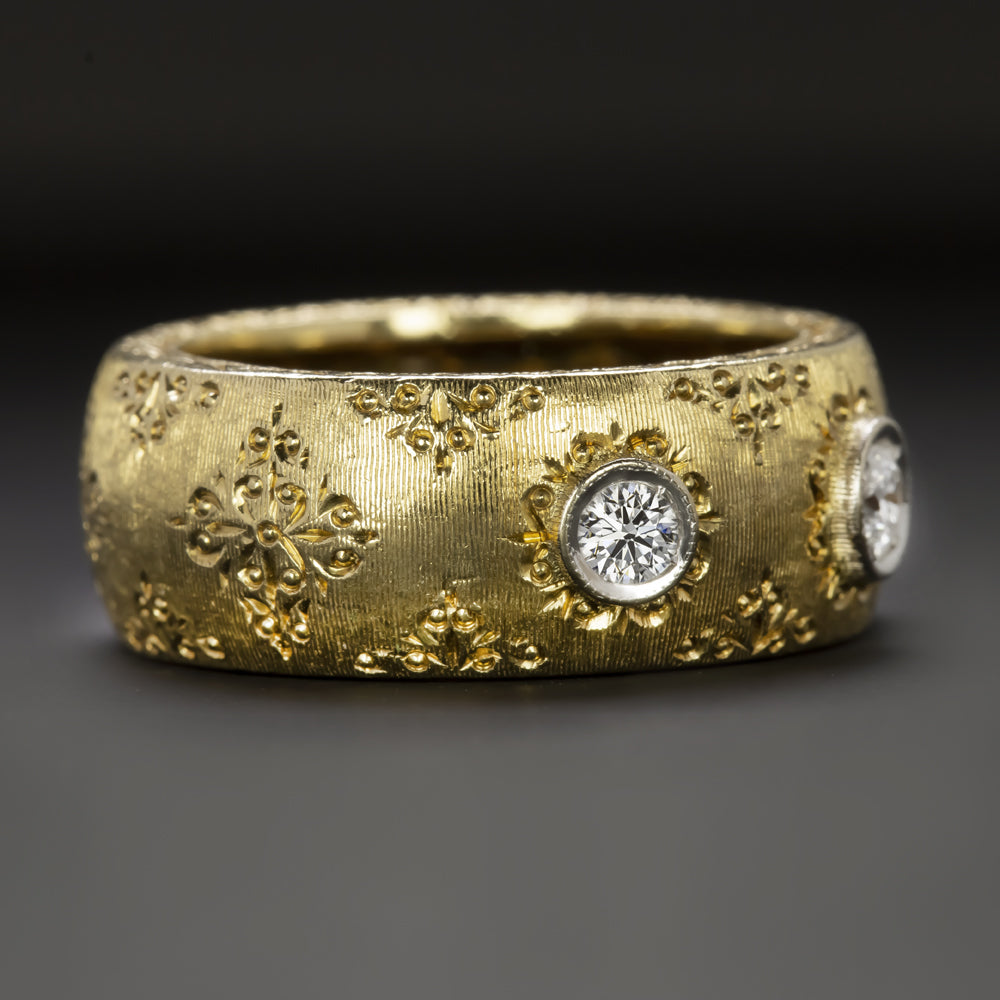 VINTAGE DIAMOND 18K GOLD RING FLORENTINE BRUSHED WIDE BAND MID CENTURY ESTATE