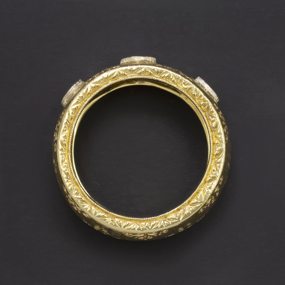 VINTAGE DIAMOND 18K GOLD RING FLORENTINE BRUSHED WIDE BAND MID CENTURY ESTATE