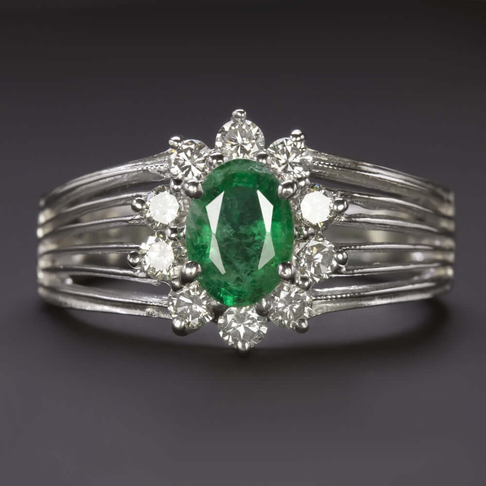 1.15c EMERALD DIAMOND COCKTAIL RING WIDE HALO NATURAL 14k WHITE GOLD ESTATE OVAL