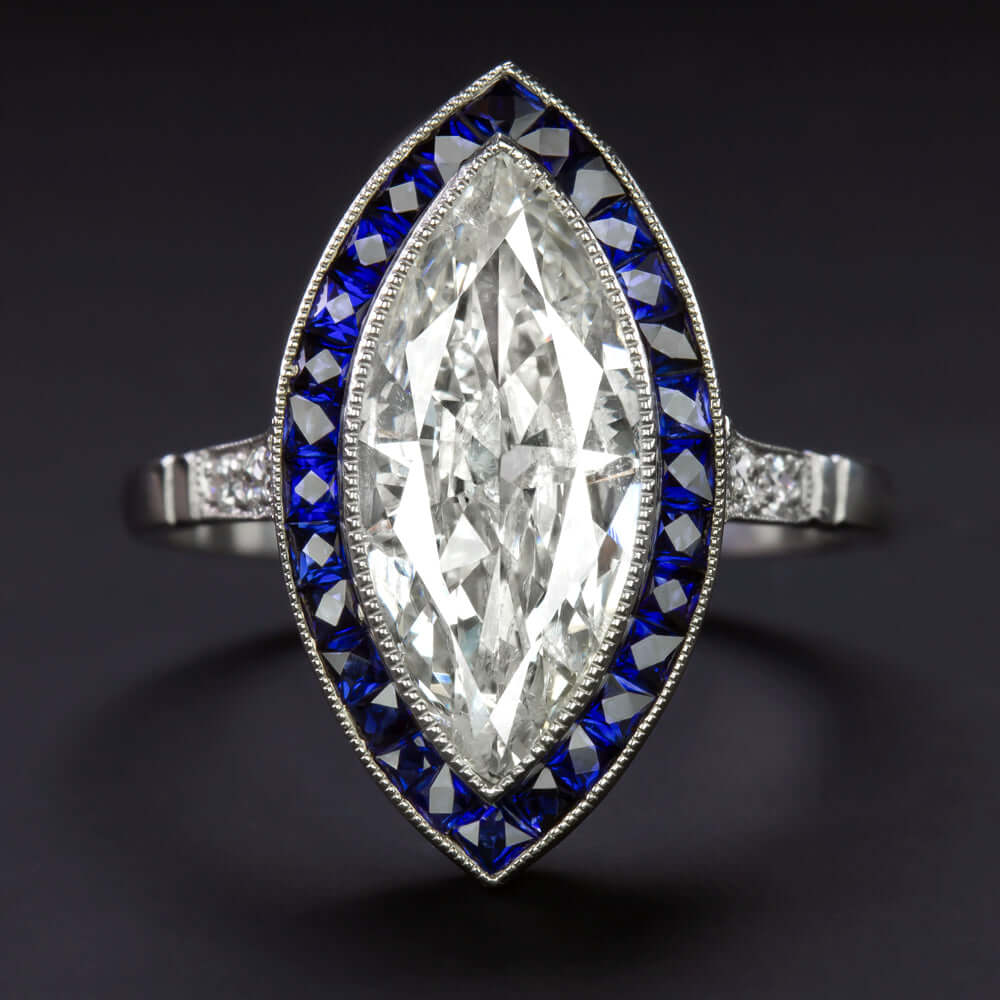 2.42c F-G SI MARQUISE DIAMOND SAPPHIRE ENGAGEMENT RING PLATINUM VINTAGE STYLE