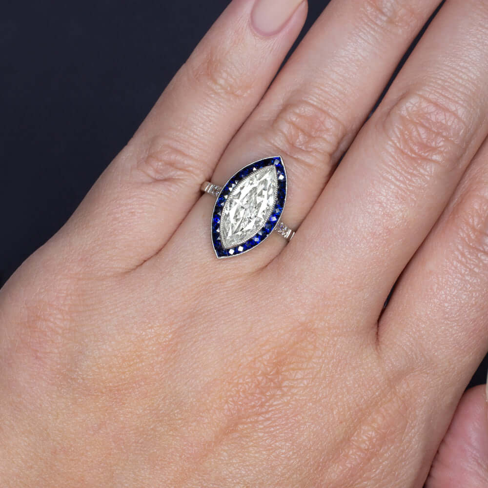 2.42c F-G SI MARQUISE DIAMOND SAPPHIRE ENGAGEMENT RING PLATINUM VINTAGE STYLE
