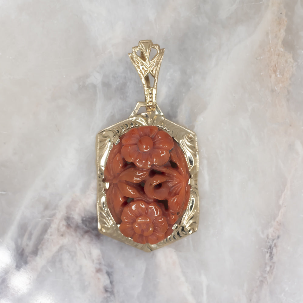 VINTAGE OXBLOOD RED CORAL PENDANT 10k YELLOW GOLD RED CARVED FLOWER NECKLACE