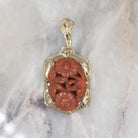VINTAGE OXBLOOD RED CORAL PENDANT 10k YELLOW GOLD RED CARVED FLOWER NECKLACE